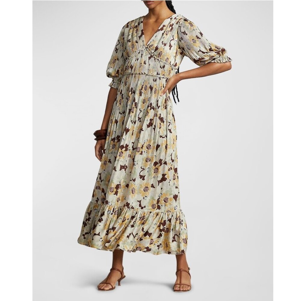 NWT POLO RALPH LAUREN Ltiti Floral-print Plissé-crepe Midi Dress In Yellow P4685